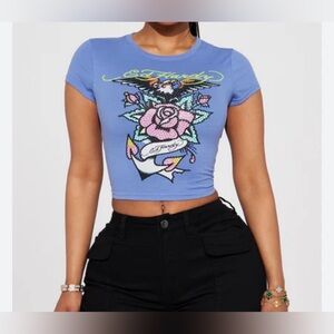 ED HARDY Pale Blue Graphic Print Crop Top Tee
